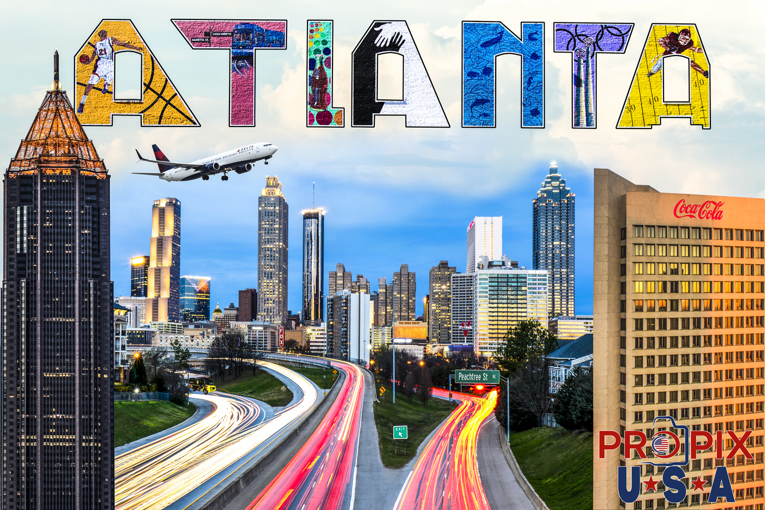 Photo collage of Atlanta Georgia. Coca cola, Delta, mural, jackson street bridge, peachtree street
