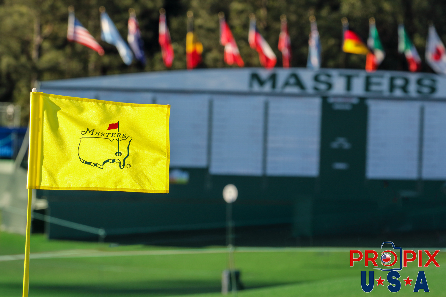 Flag and leader board at Augusta National Golf club site of the Masters Tournament. Photo date: 4-4-2017
